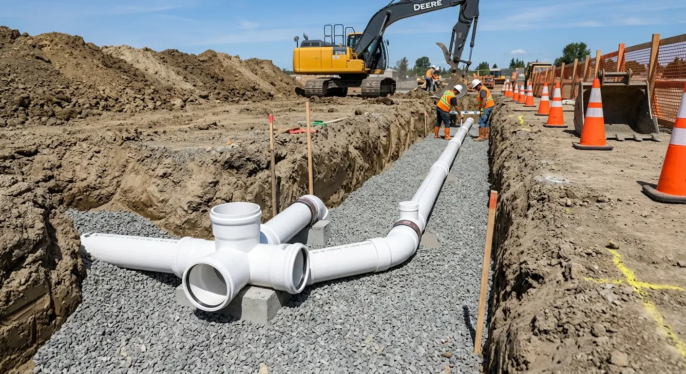 New PVC sewer pipe installation in open trench for Sewer Backup in Alcoa