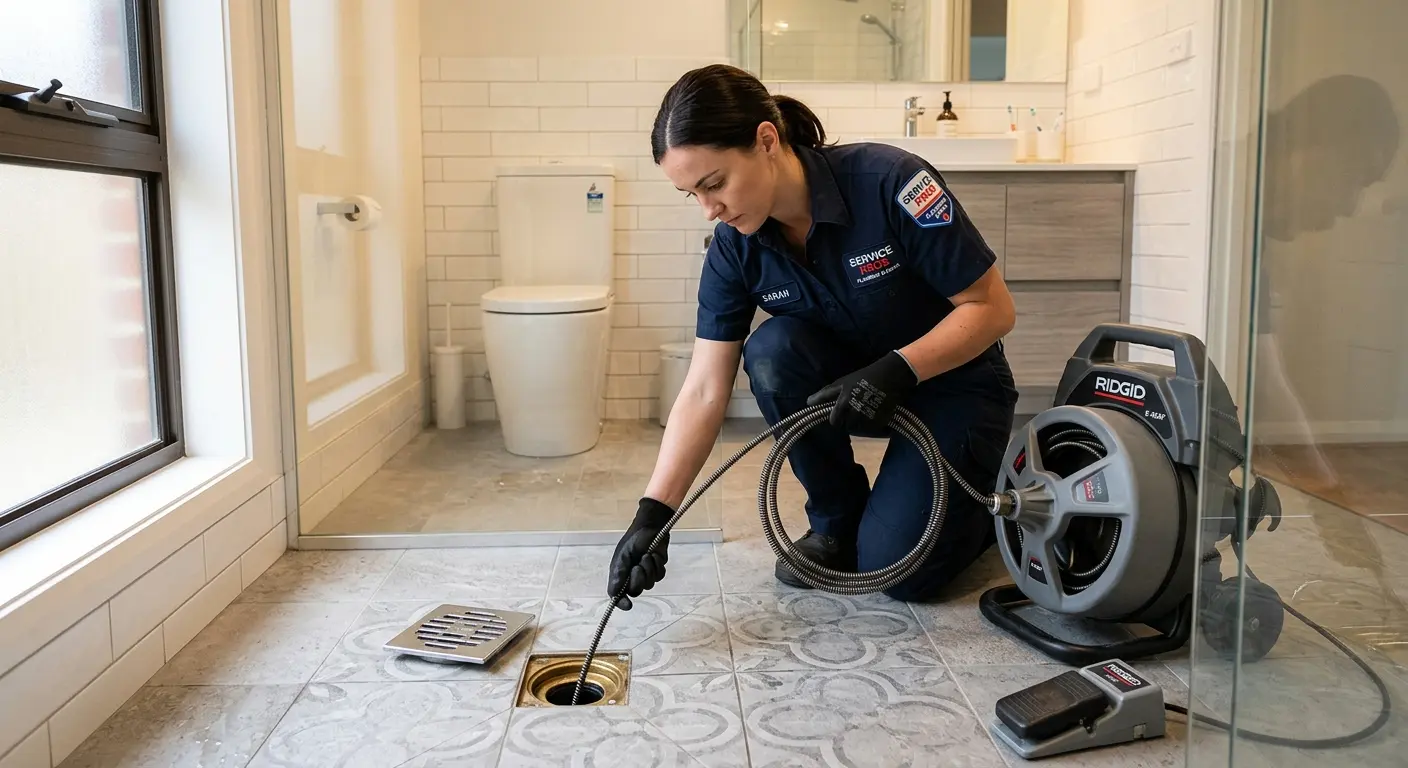Technician clearing a bathroom floor drain for Sewer Line Replacement in Alcoa